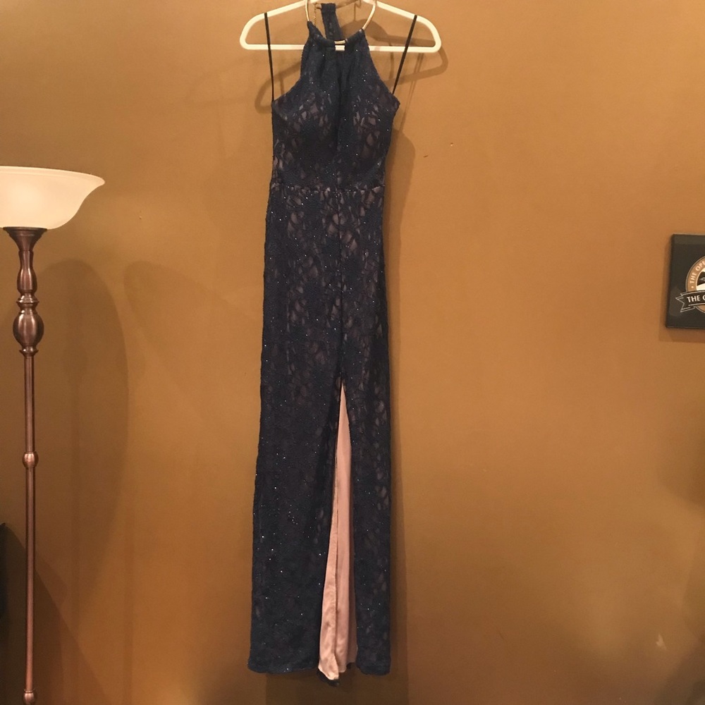 B.Darlin Gold necklace blue lace over nude slip Gown, Junior’s 3/4 - ladies 2/4